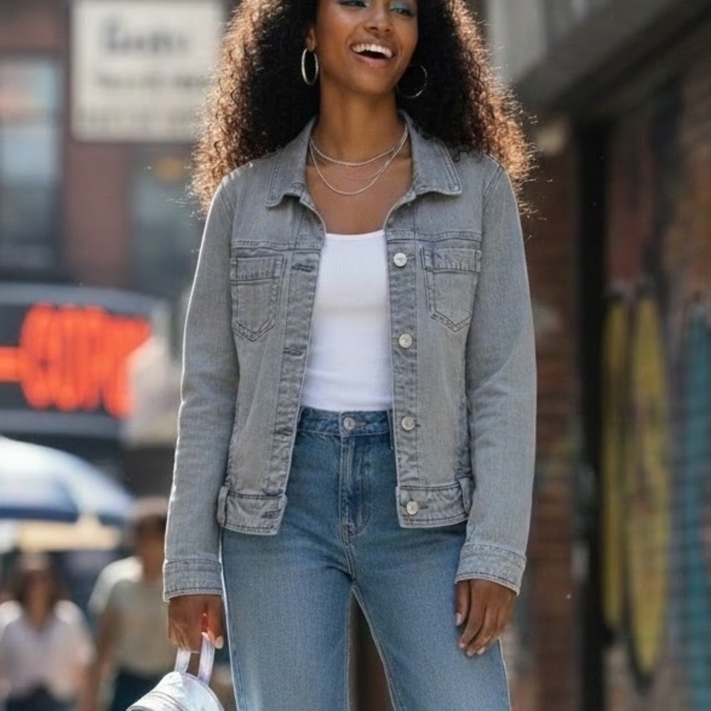 CAbi Jeans Gray Denim Jacket Women M Stretch Button Front Cropped Y2K